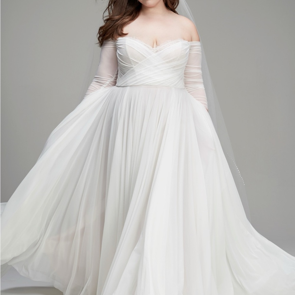 Wtoo by Watters Miles V-Neck Ruched-Sleeve Mesh Wedding Gown